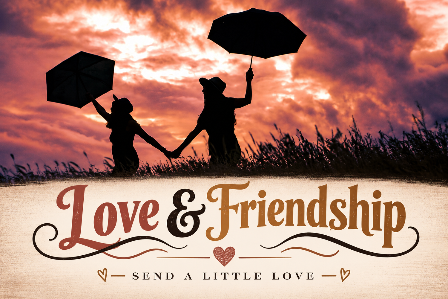 Silhouette of two children holding umbrellas and hands at sunset with Love & Friendship Send a Little Love text overlay.