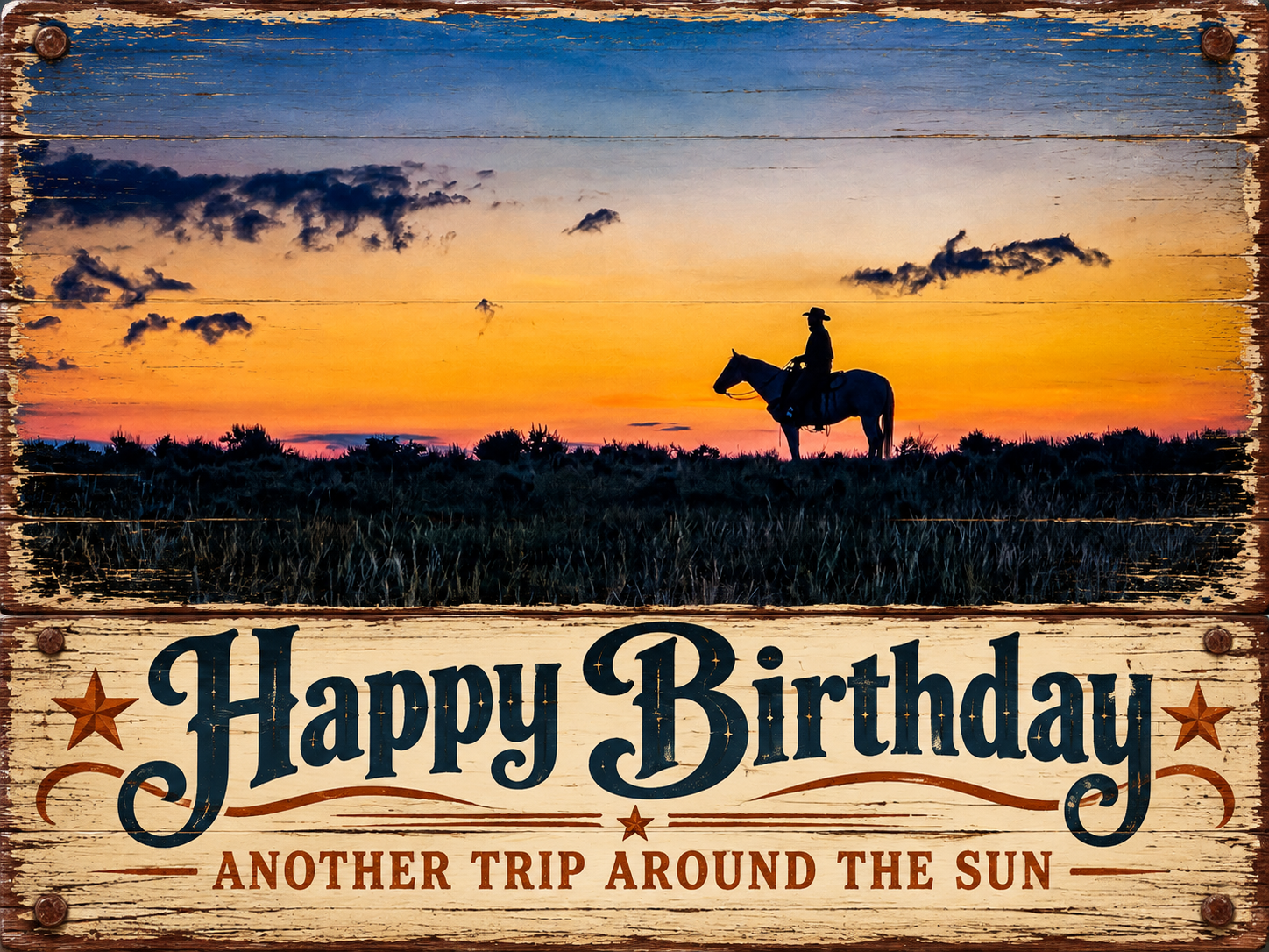 Western cowboy on horseback silhouetted against vibrant sunset with Happy Birthday another trip around the sun vintage sign.