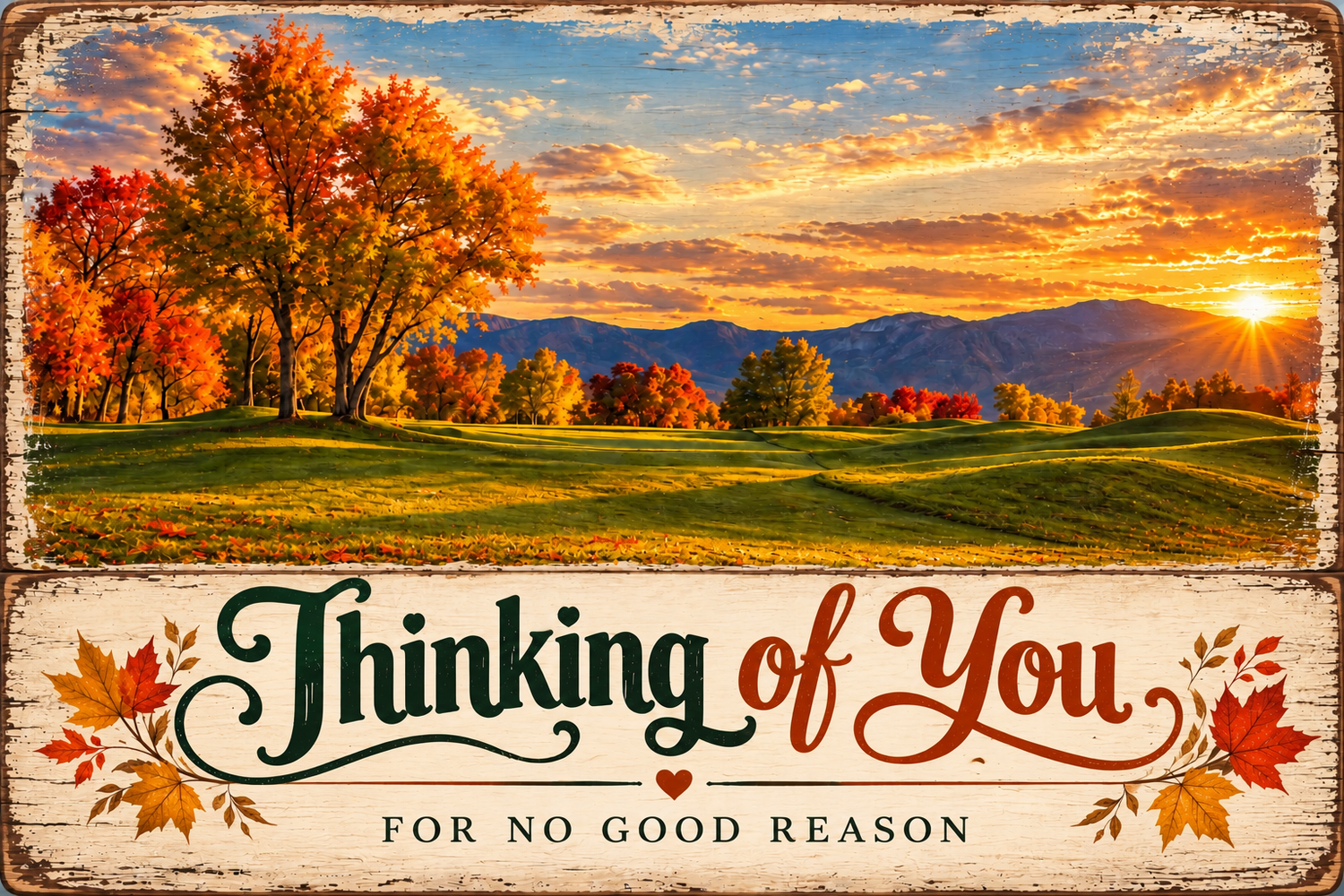 Vintage autumn sign reading Thinking of You For No Good Reason with fall foliage sunset and mountain landscape.