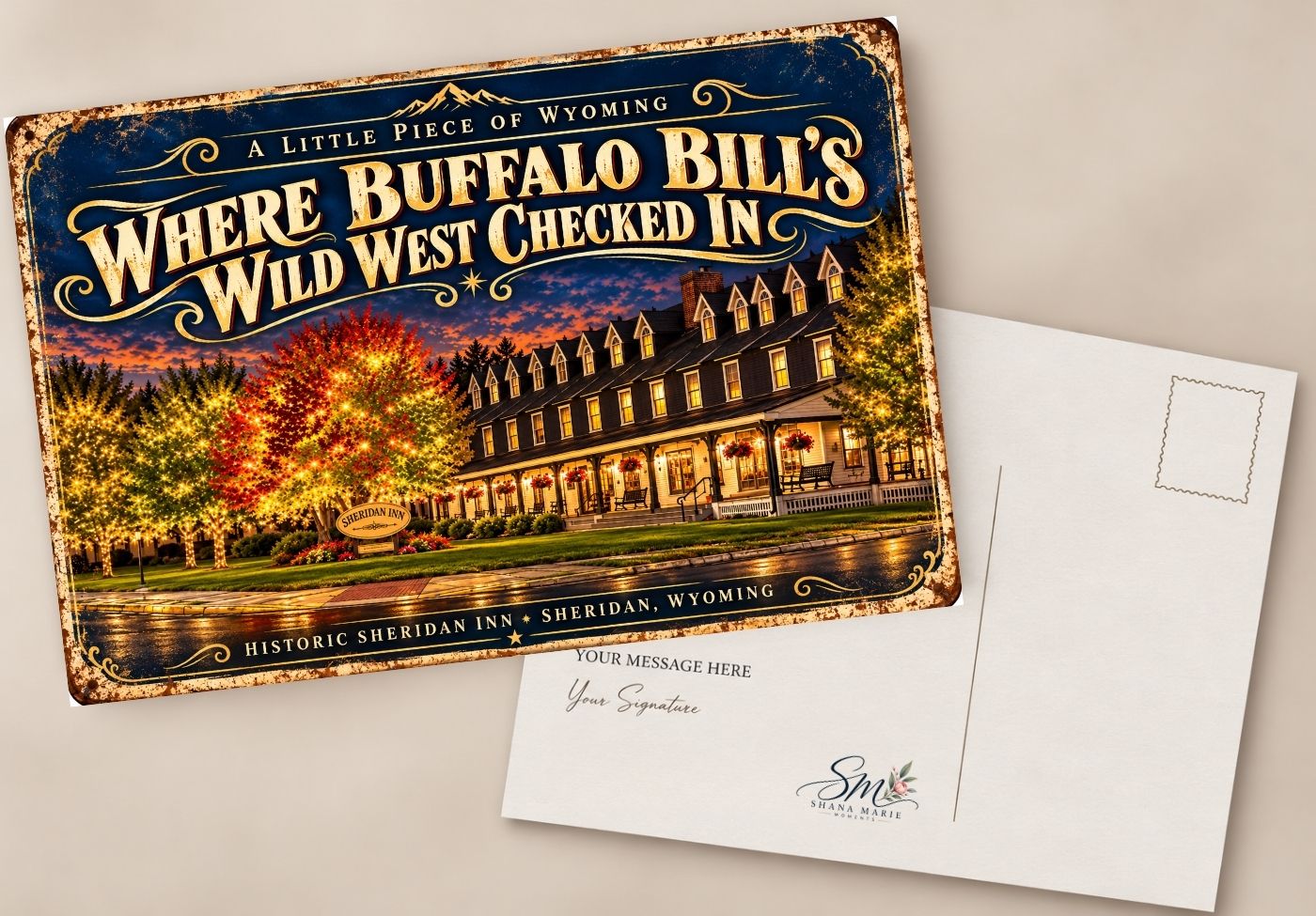 Vintage postcard featuring Buffalo Bill's Wild West Show with a lit historic inn in Wyoming at night with festive lights.