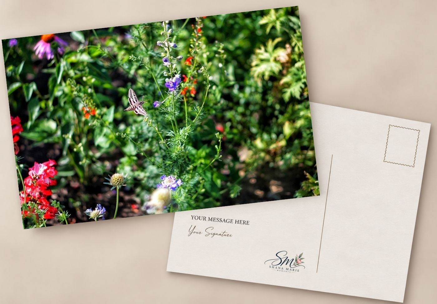 A decorative postcard featuring a vibrant garden photo with colorful flowers and greenery on the front and blank message area on the back.