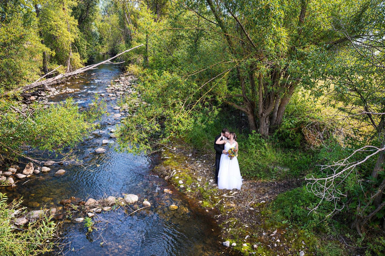 Bride and groom embracing beside a rocky mountain stream surrounded by lush green trees on their wedding day.