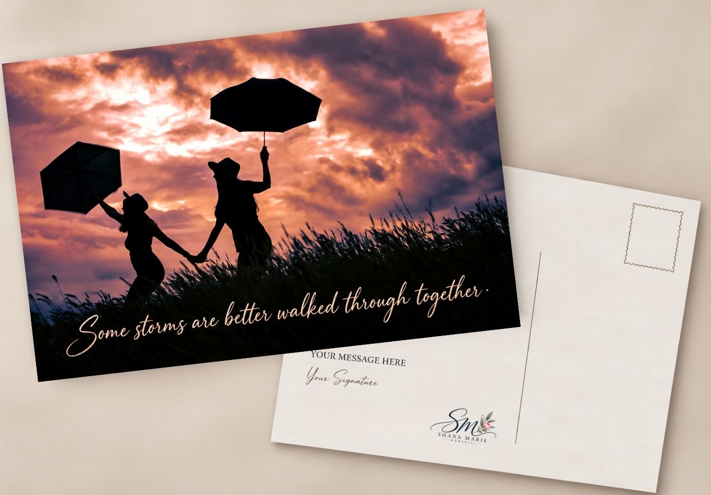 Sympathy postcard with silhouettes walking in storm, reading Some storms are better walked through together.