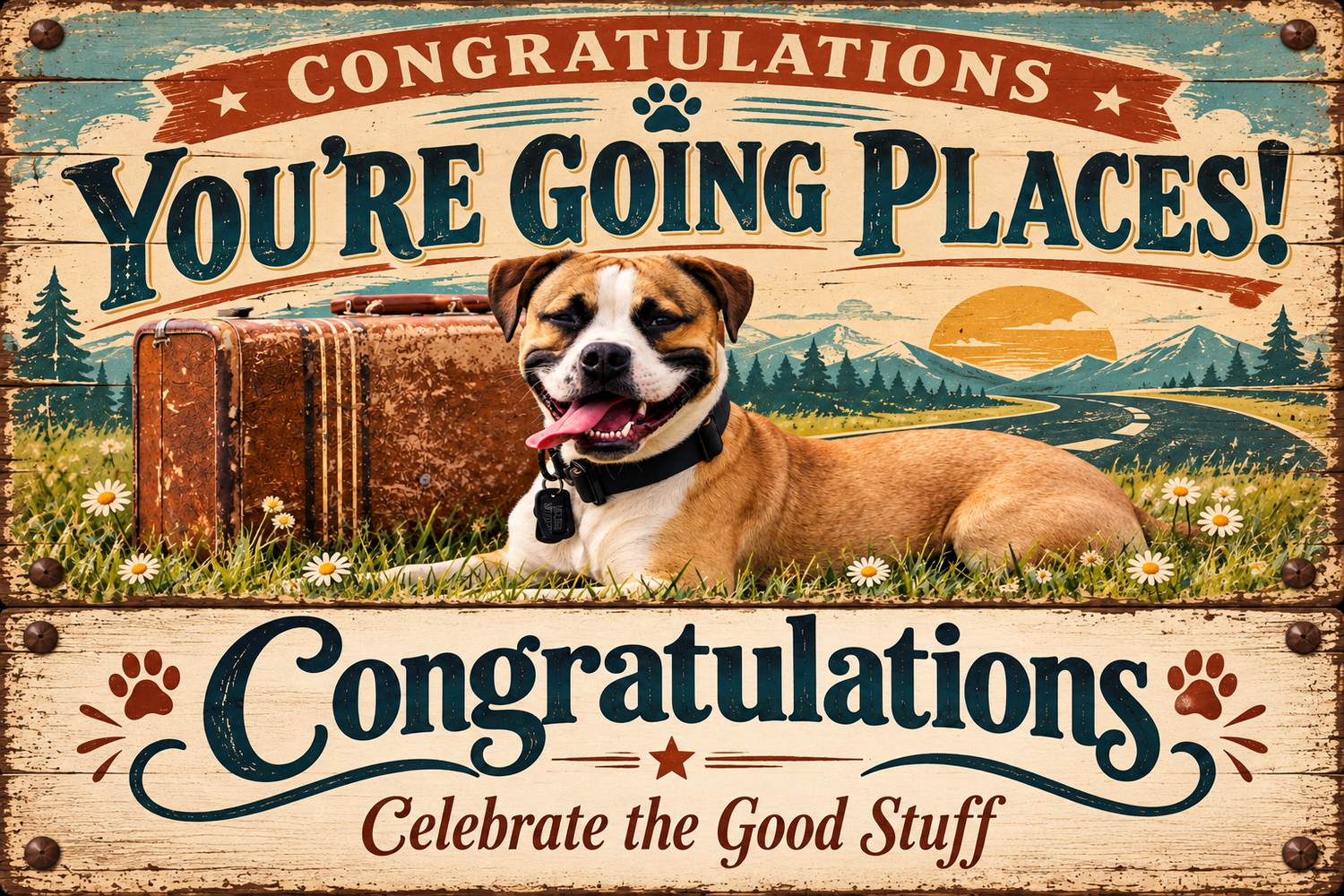 Vintage congratulations sign with a happy dog and suitcase reading You're Going Places, Celebrate the Good Stuff.