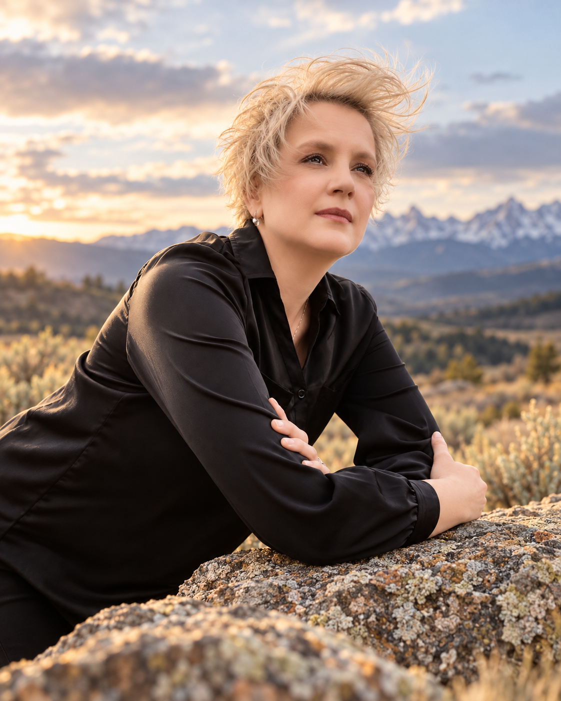 Blonde woman in black shirt leaning on rock with Grand Teton mountains and sunset sky backdrop.