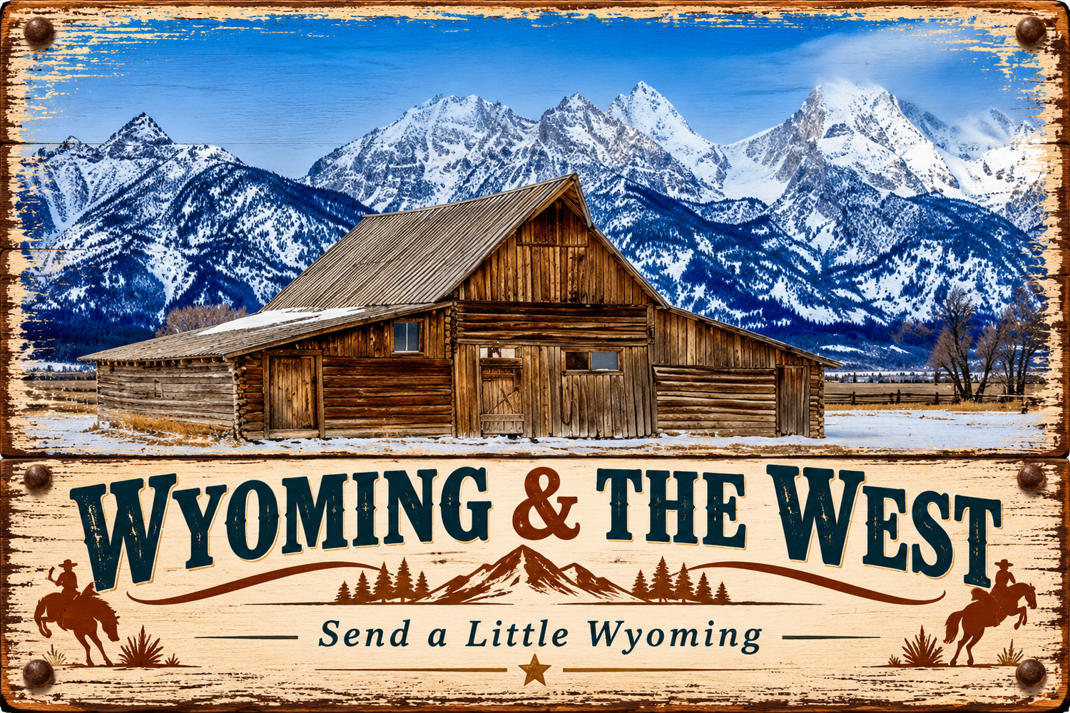 Vintage Wyoming & The West sign featuring a rustic barn, snow-capped Teton mountains, and cowboys on horseback.