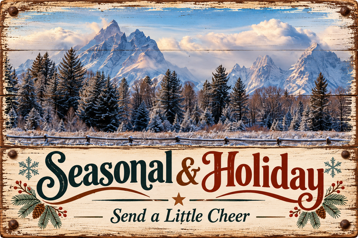 Vintage-style holiday sign with snowy mountain landscape, pine trees, and festive text reading Seasonal and Holiday Send a Little Cheer.