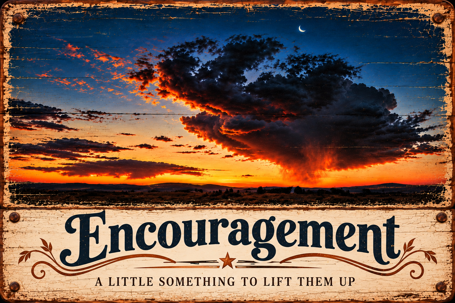 Vintage-style encouragement sign with a stunning sunset sky, dramatic clouds, and the tagline A Little Something to Lift Them Up.
