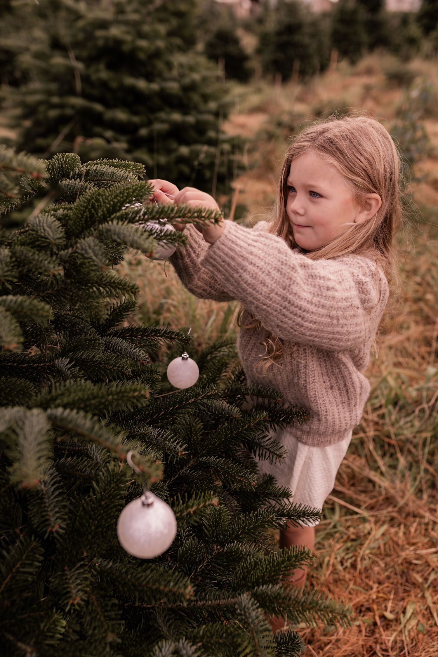 Young girl in pink sweater decorating a Christmas tree with white ornaments at an outdoor tree farm.