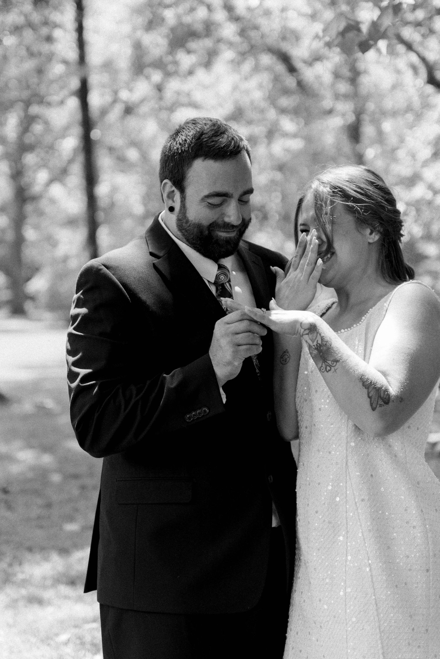 A series of romantic wedding photos showing a couple sharing intimate moments and laughter in a garden setting.