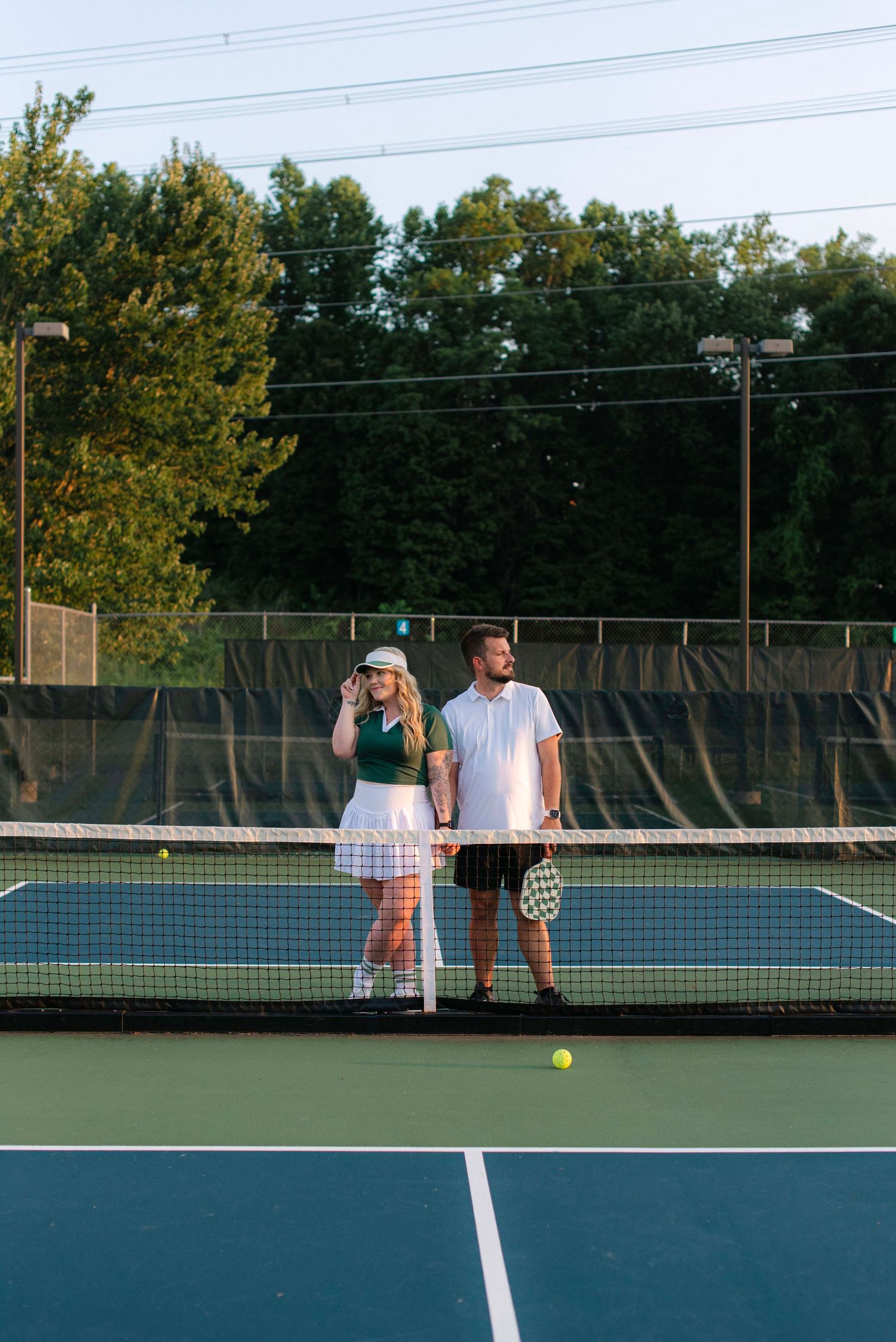 A series of photos showing people playing tennis on an outdoor court during sunset.