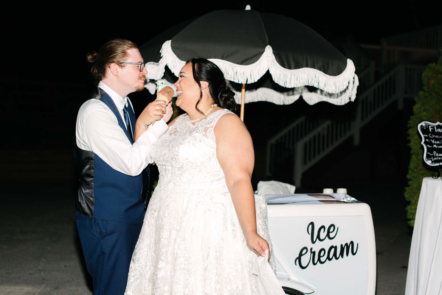 Wedding reception celebration with ice cream being served to guests.