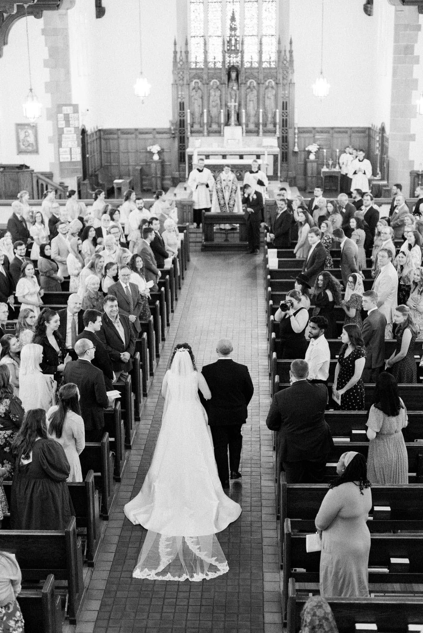 Black and white photo sequence showing a traditional church wedding ceremony with guests seated in wooden pews.