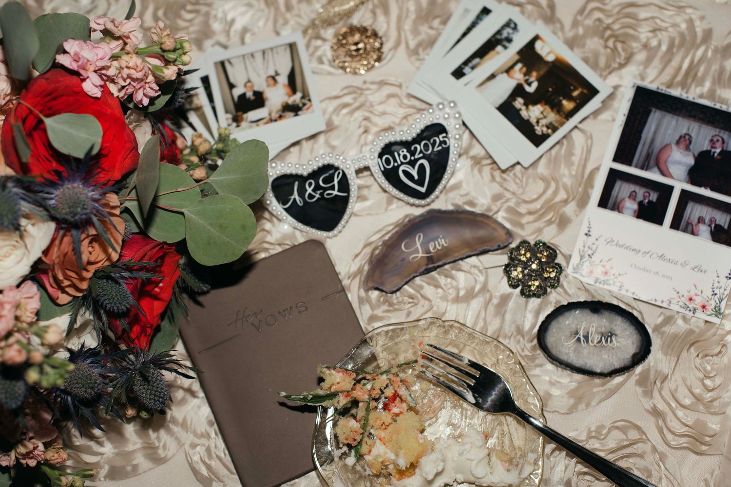 Wedding reception detail shot showing decorative table settings and party favors.