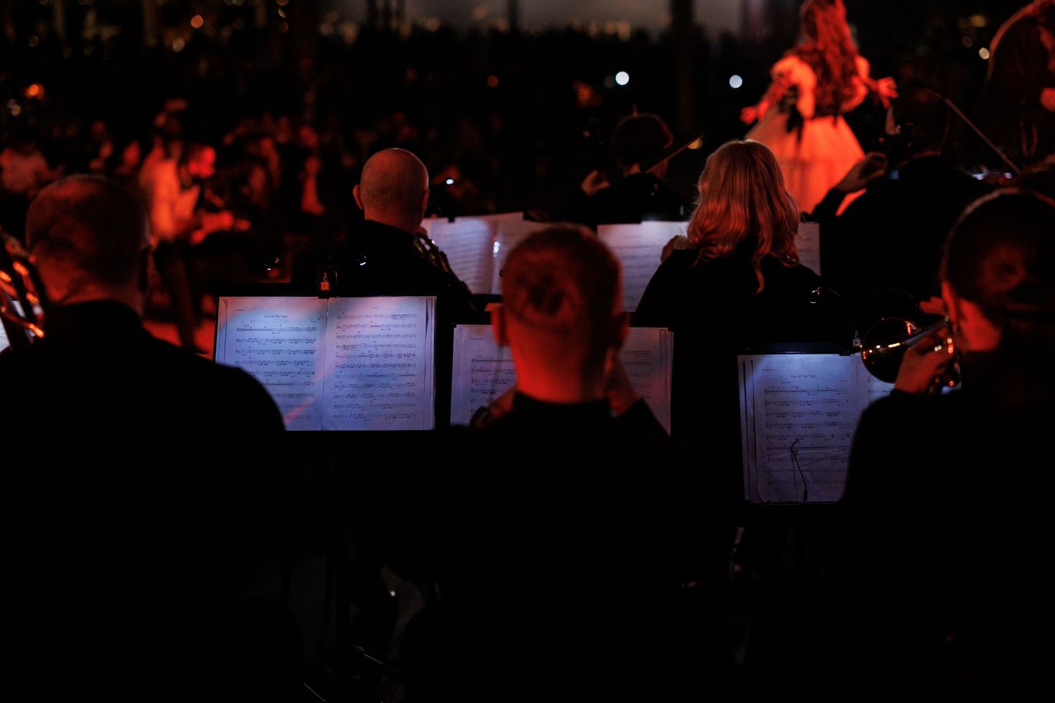 Silhouetted crowd at a nighttime concert venue with dark stage and red ambient lighting.