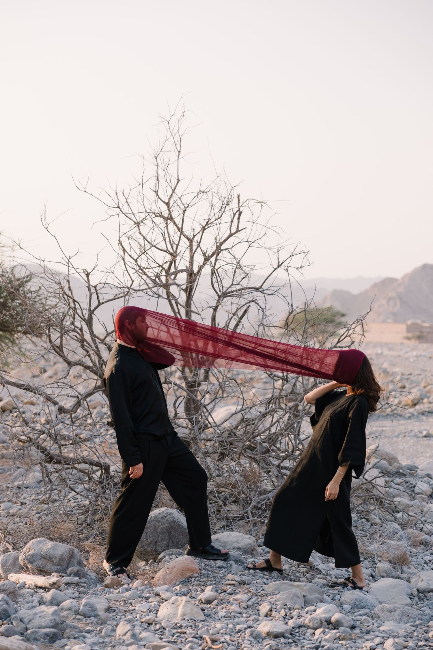 Two figures playfully interacting with a flowing red fabric in a desert landscape.