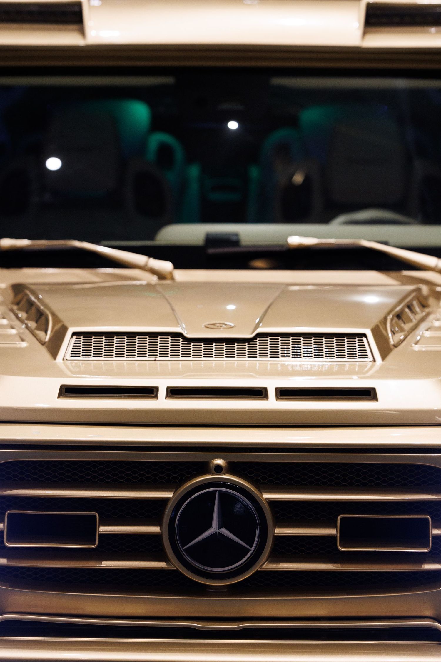 Close-up detail of a Mercedes-Benz front grille and emblem.