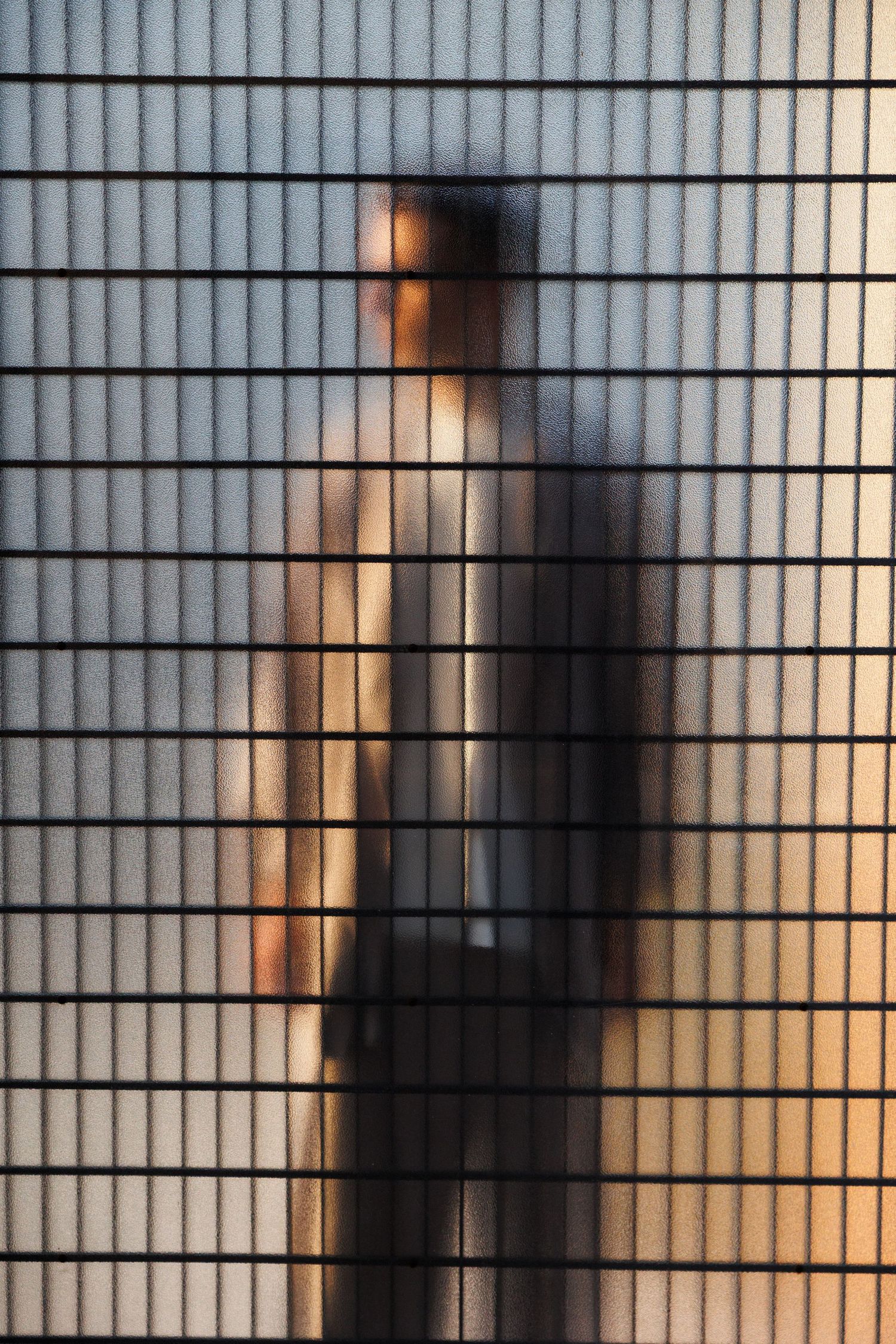 Silhouette behind gridded glass panel with dramatic backlighting creating shadow effect.
