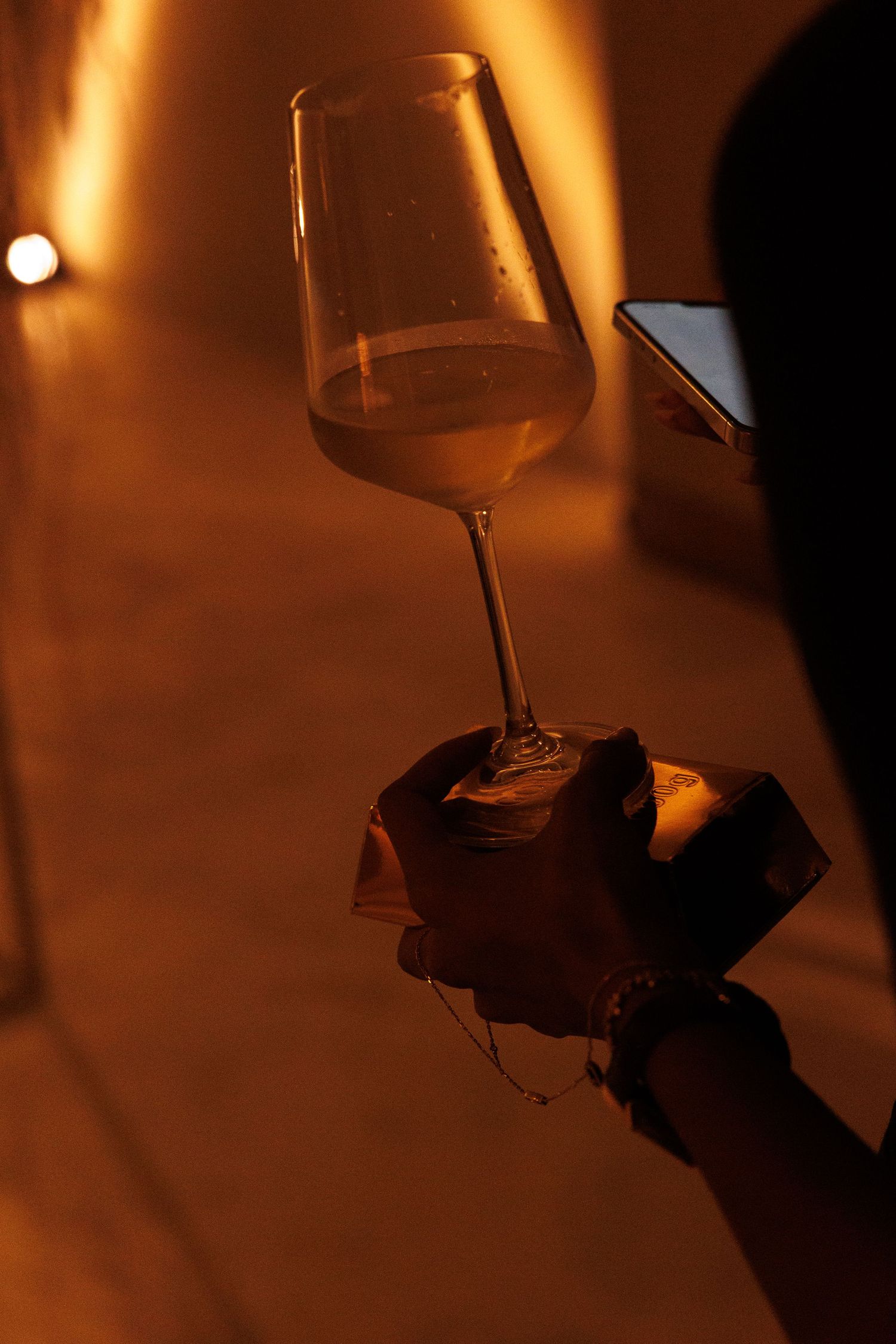 Dramatic silhouette of a wine glass against warm amber lighting.