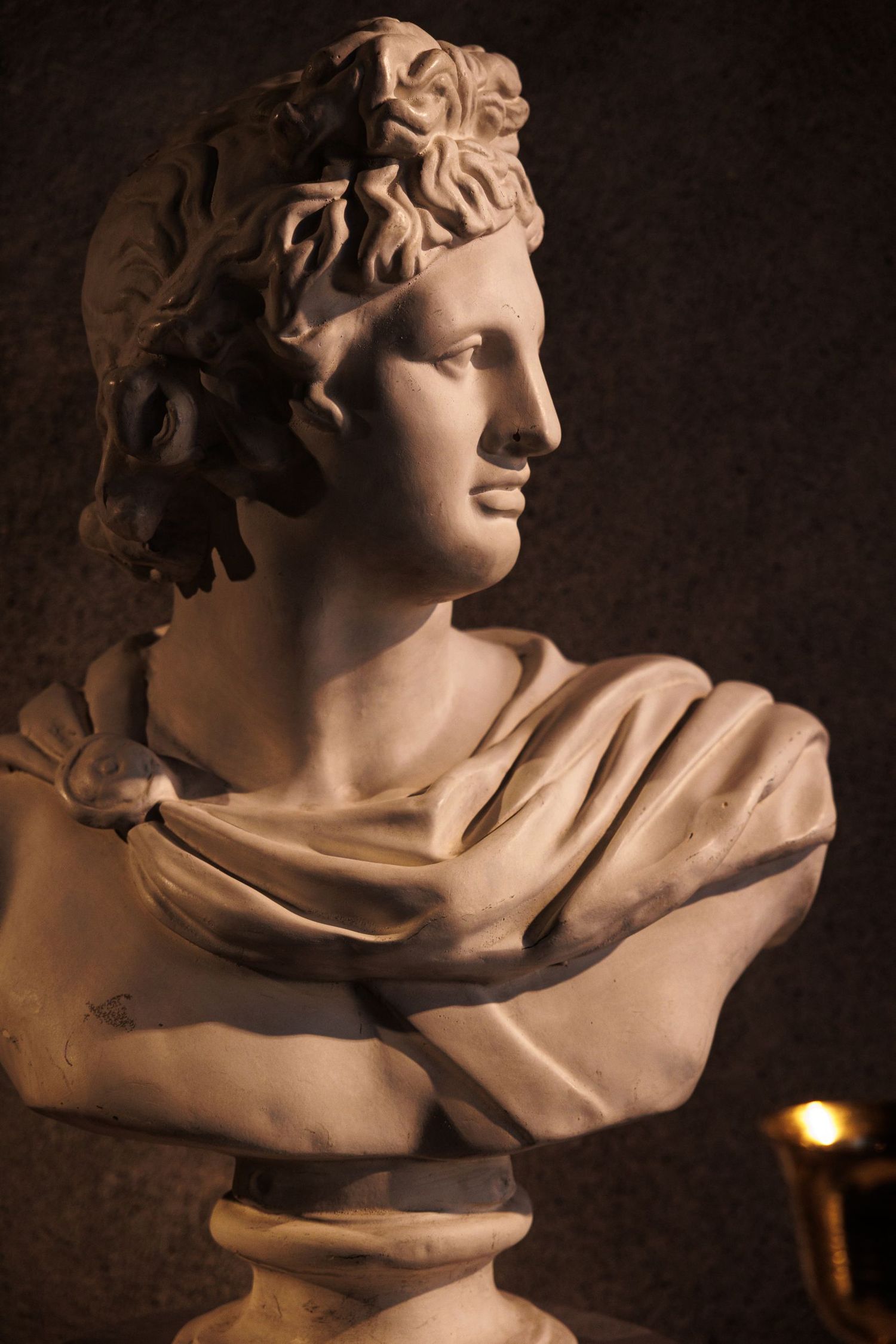 Classical marble bust sculpture with curly hair and draped clothing in dramatic lighting.