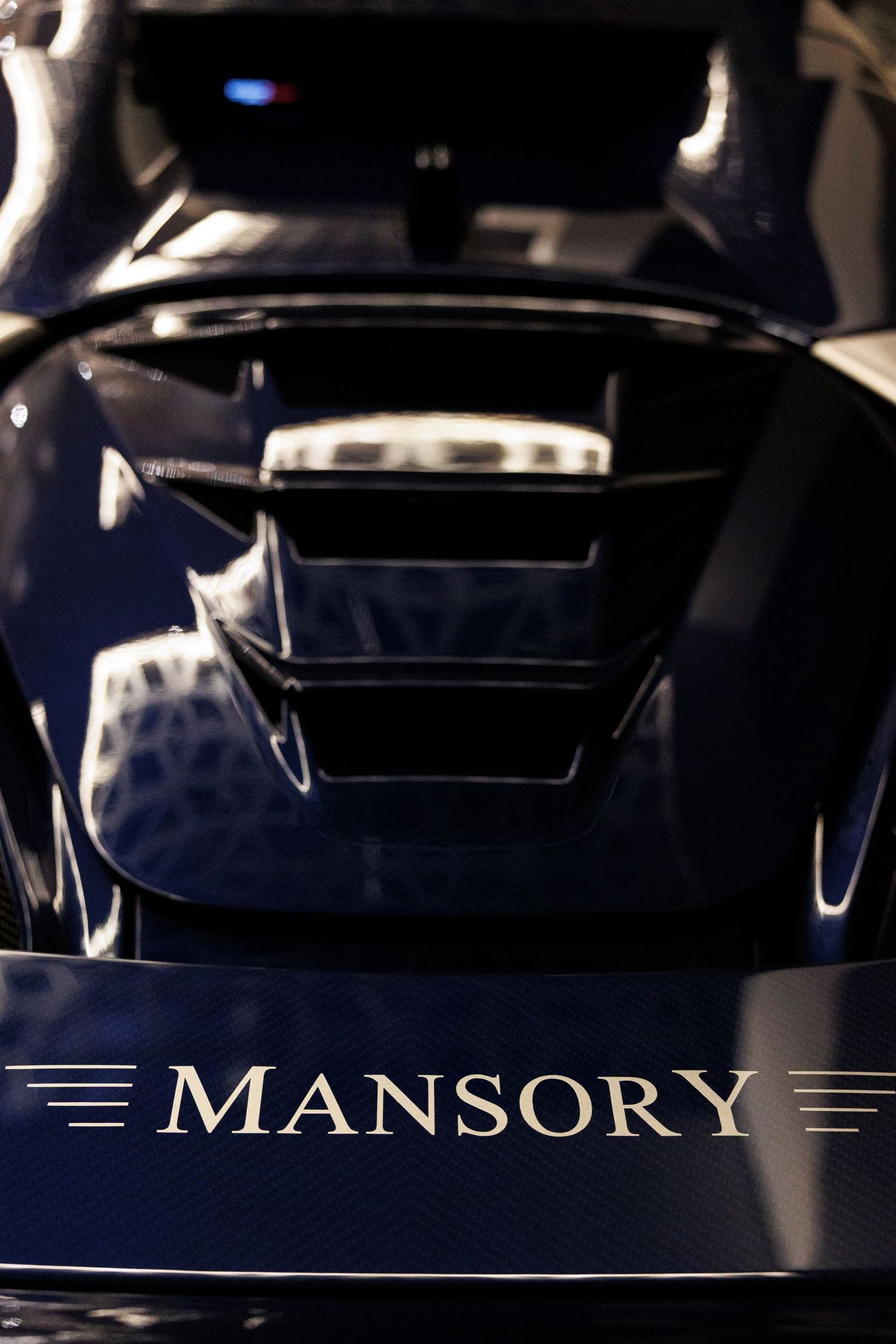 Close-up of a Mansory luxury vehicle's hood and badge.