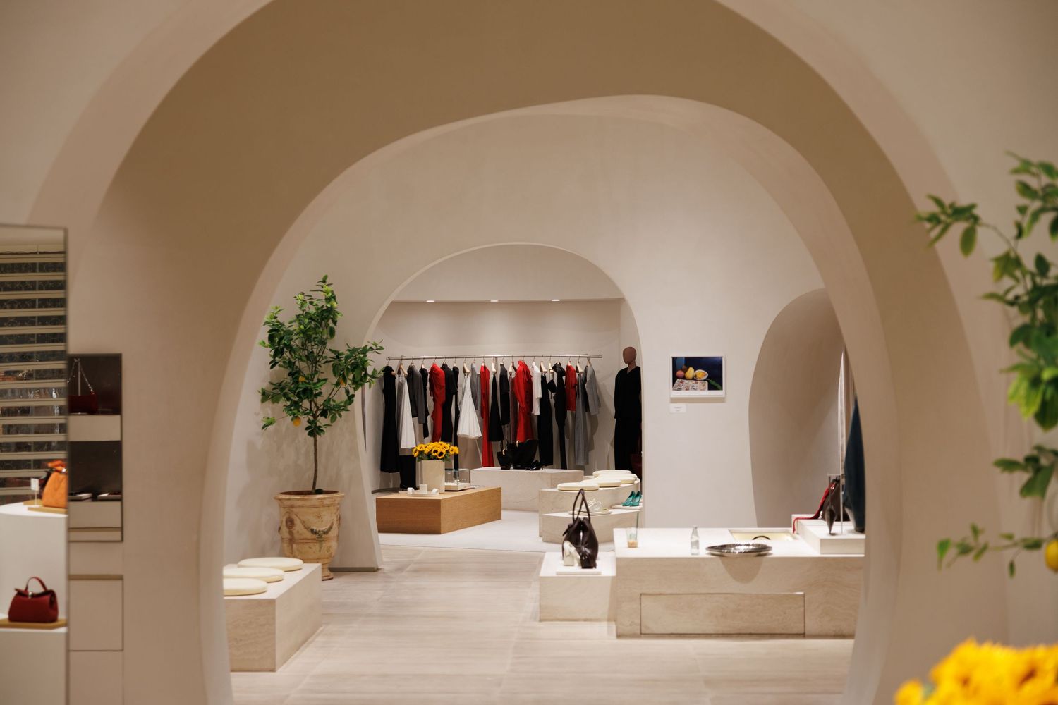 Minimalist retail space with white arched ceilings and elegant product displays.