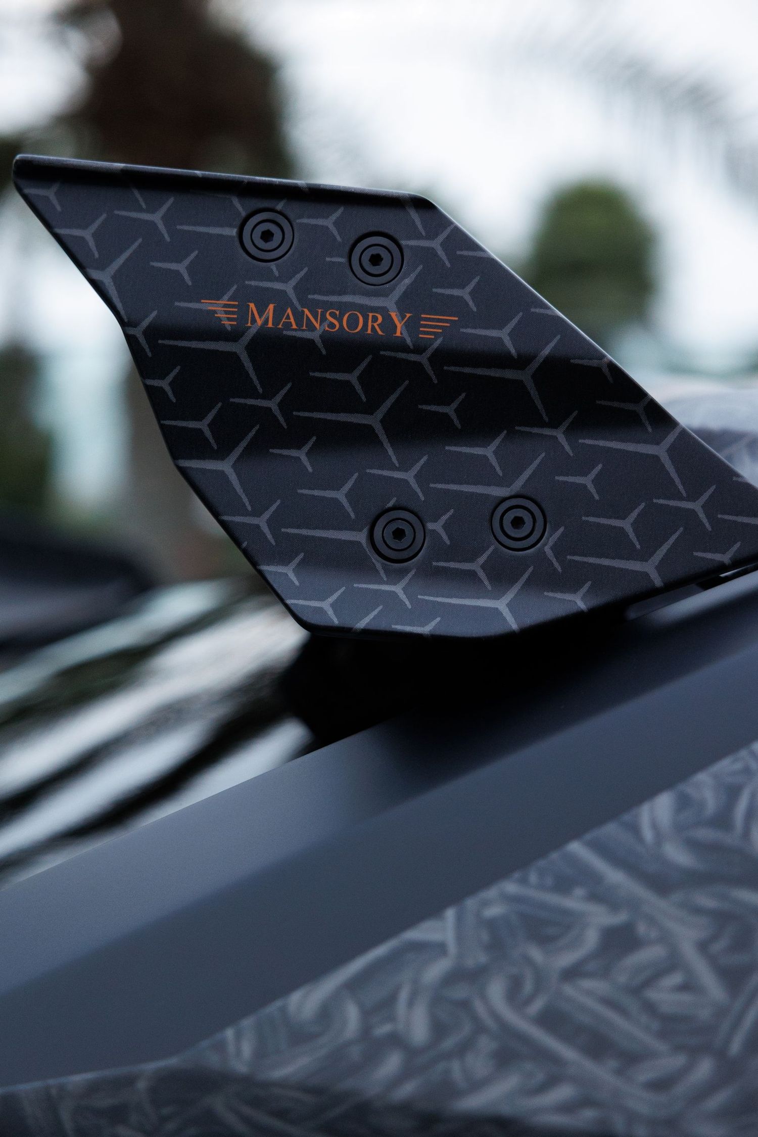 Close-up detail of a Mansory luxury car exterior showing hexagonal pattern design elements.