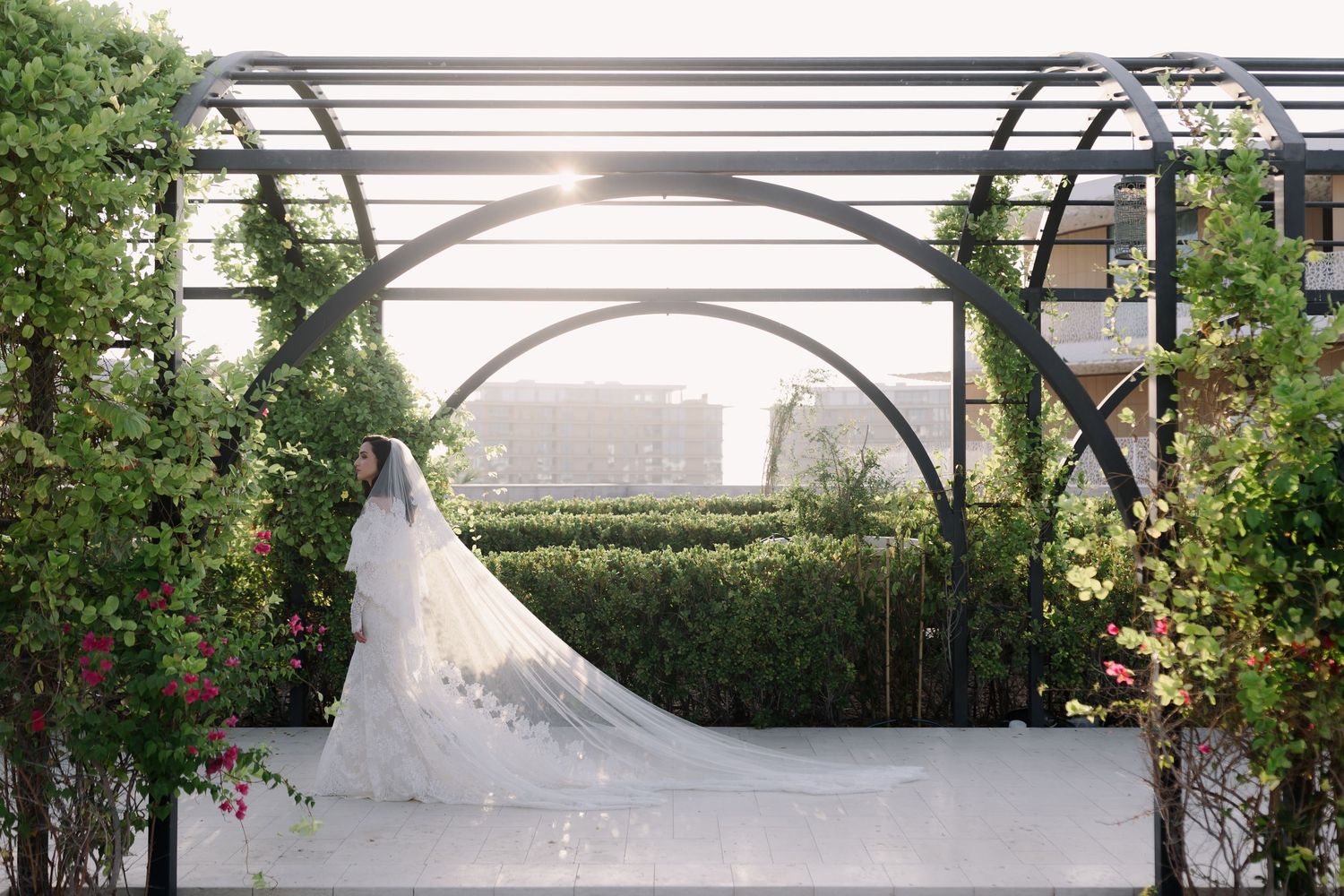 Greenhouse wedding venue with arched metal framework and greenery.