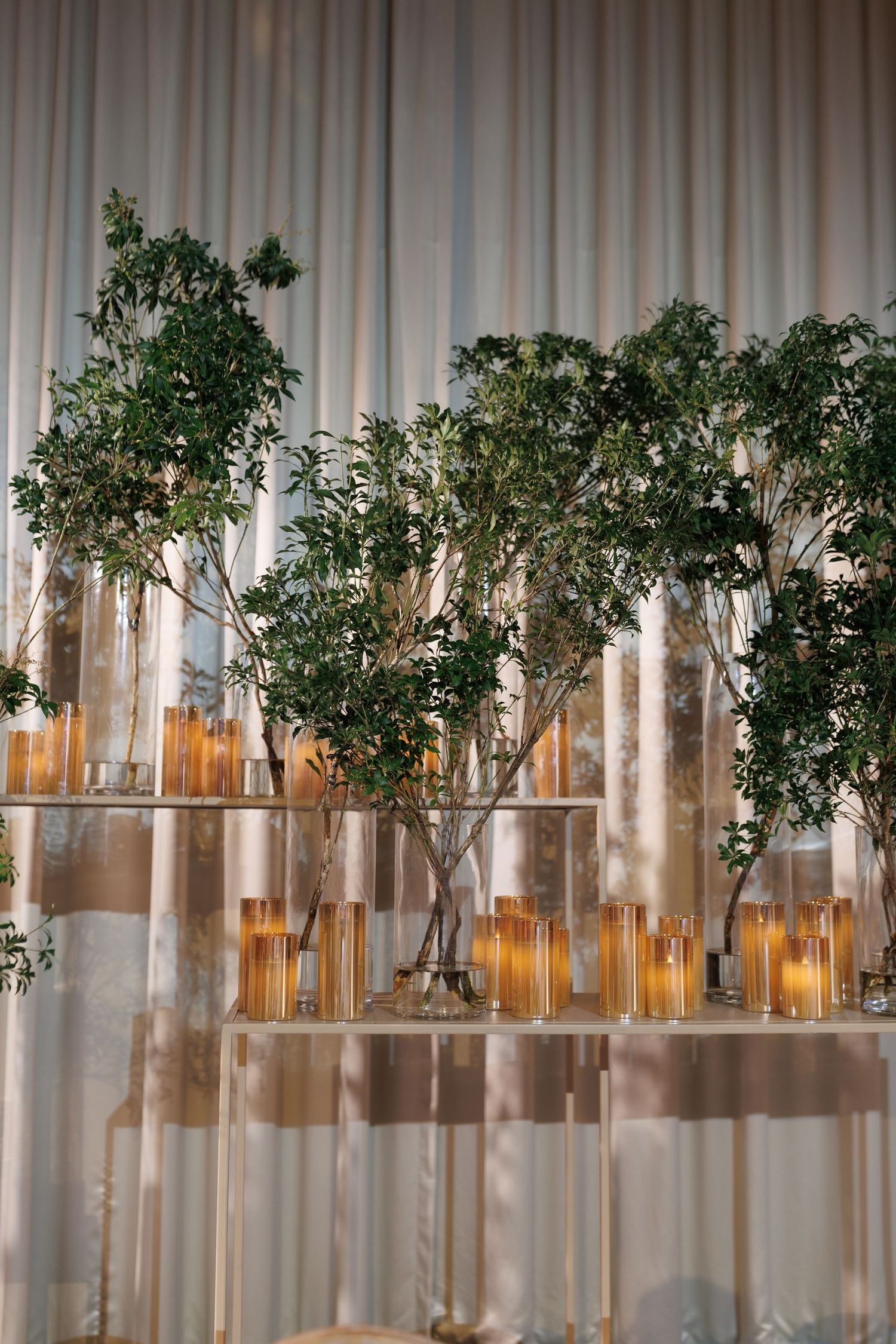 Modern event space decorated with suspended glass vases containing small trees and greenery.