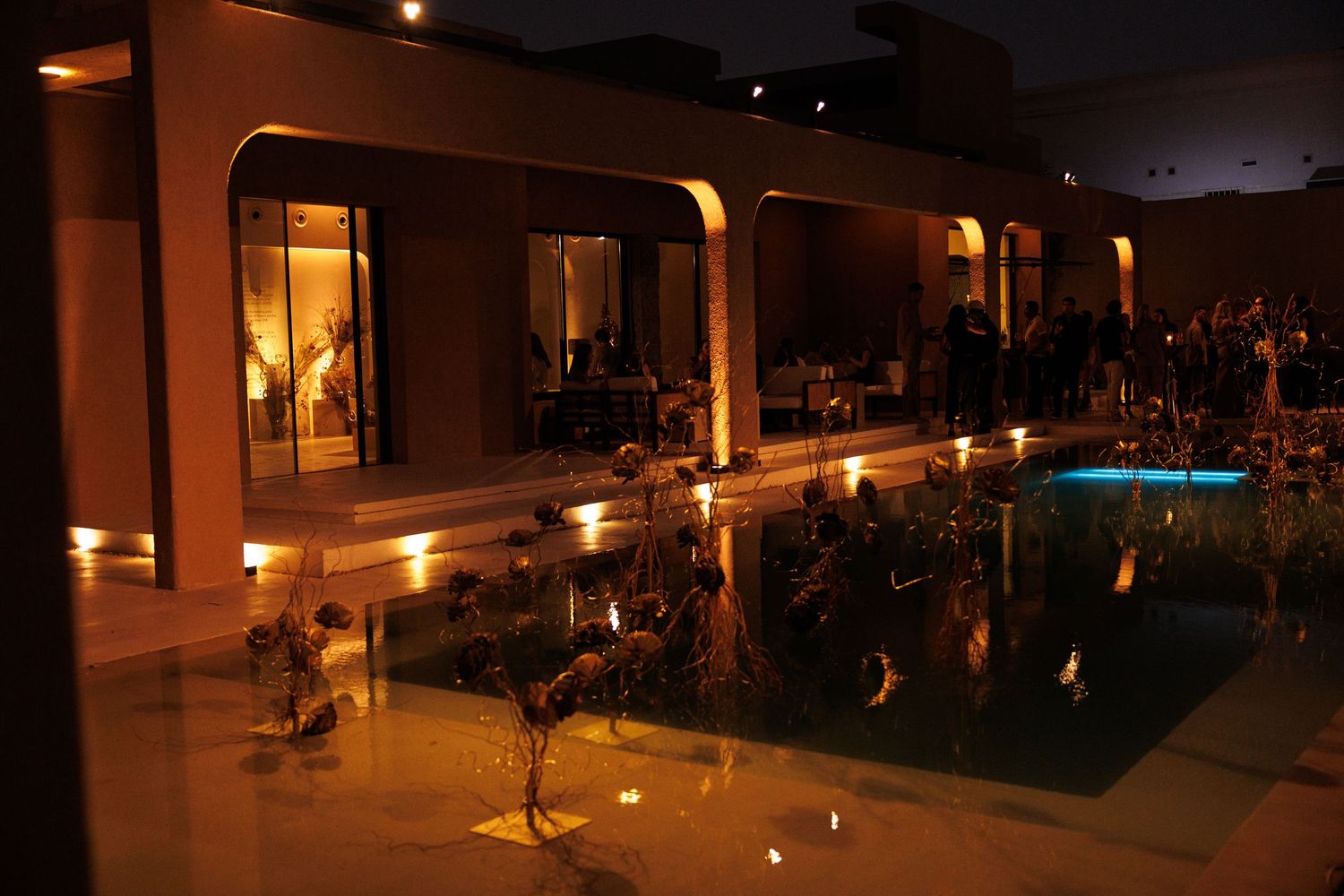 Warm outdoor lighting illuminates a modern building exterior with palm trees at night.