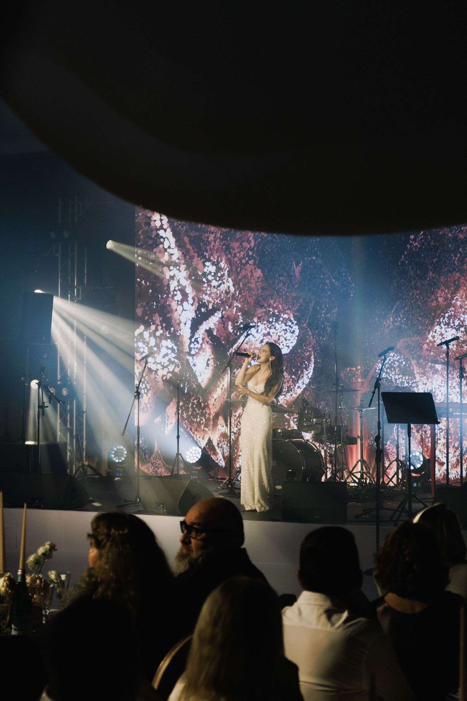 Concert performance with dramatic backlighting and fog effects on stage.