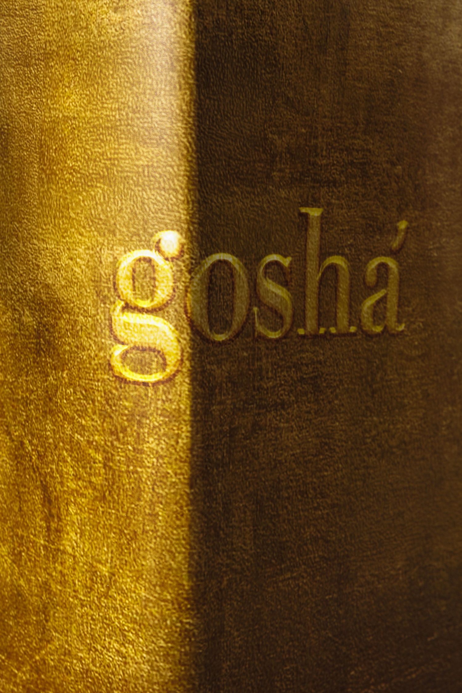 Golden text illuminated on textured brown surface with dramatic lighting.