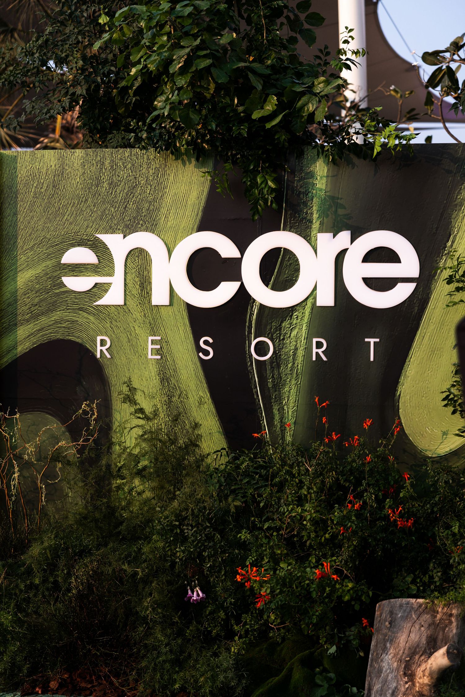 Artistic text logo design for 'Arctic Resorts' displayed against a dark green forest background with red flowers.