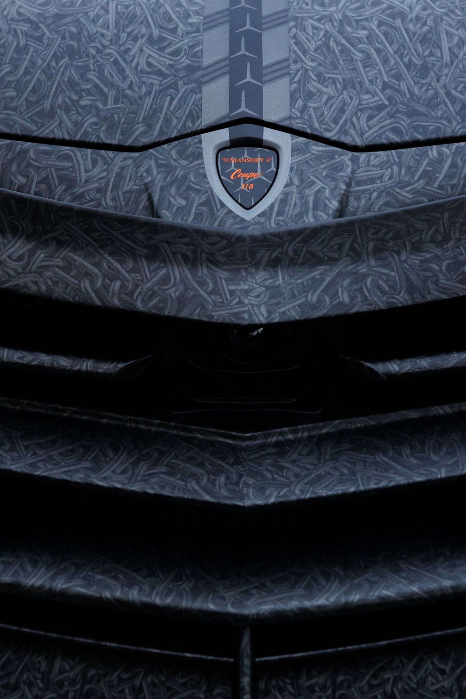 Gray patterned luxury car hood with emblematic shield badge detail.