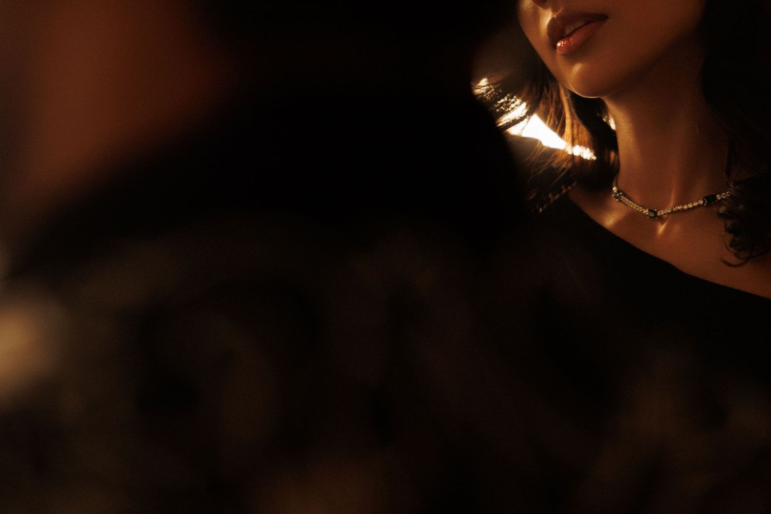 Artistic low-light portrait composition in warm ambient lighting.