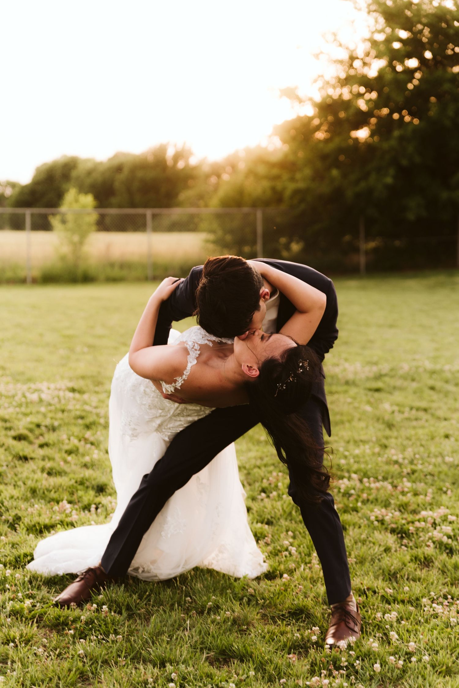 Bride and Groom dip kiss