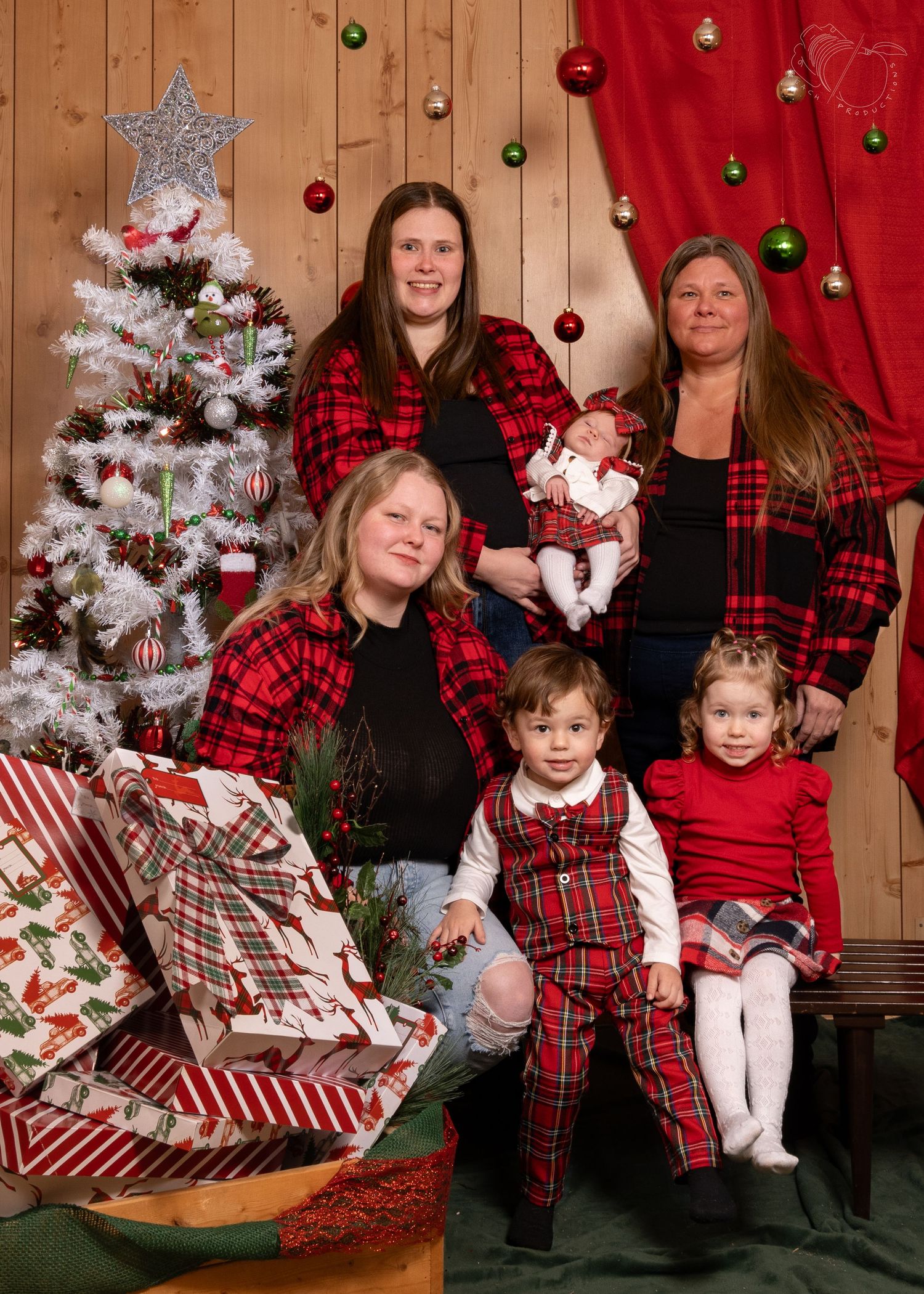 Holiday family gathering with Christmas tree and coordinated plaid outfits.