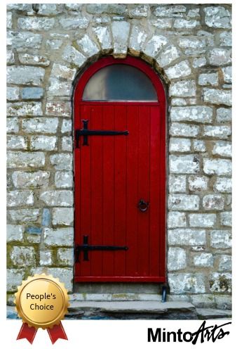 Photo of a red door set in white and grey bricks taken by Liza Fraser at Peachy Moments Photography ft Minto Arts and an award ribbon