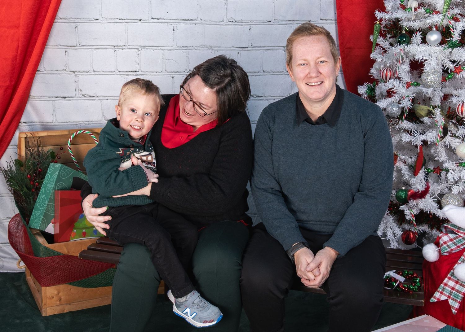 Family photo with a Christmas backdrop.
