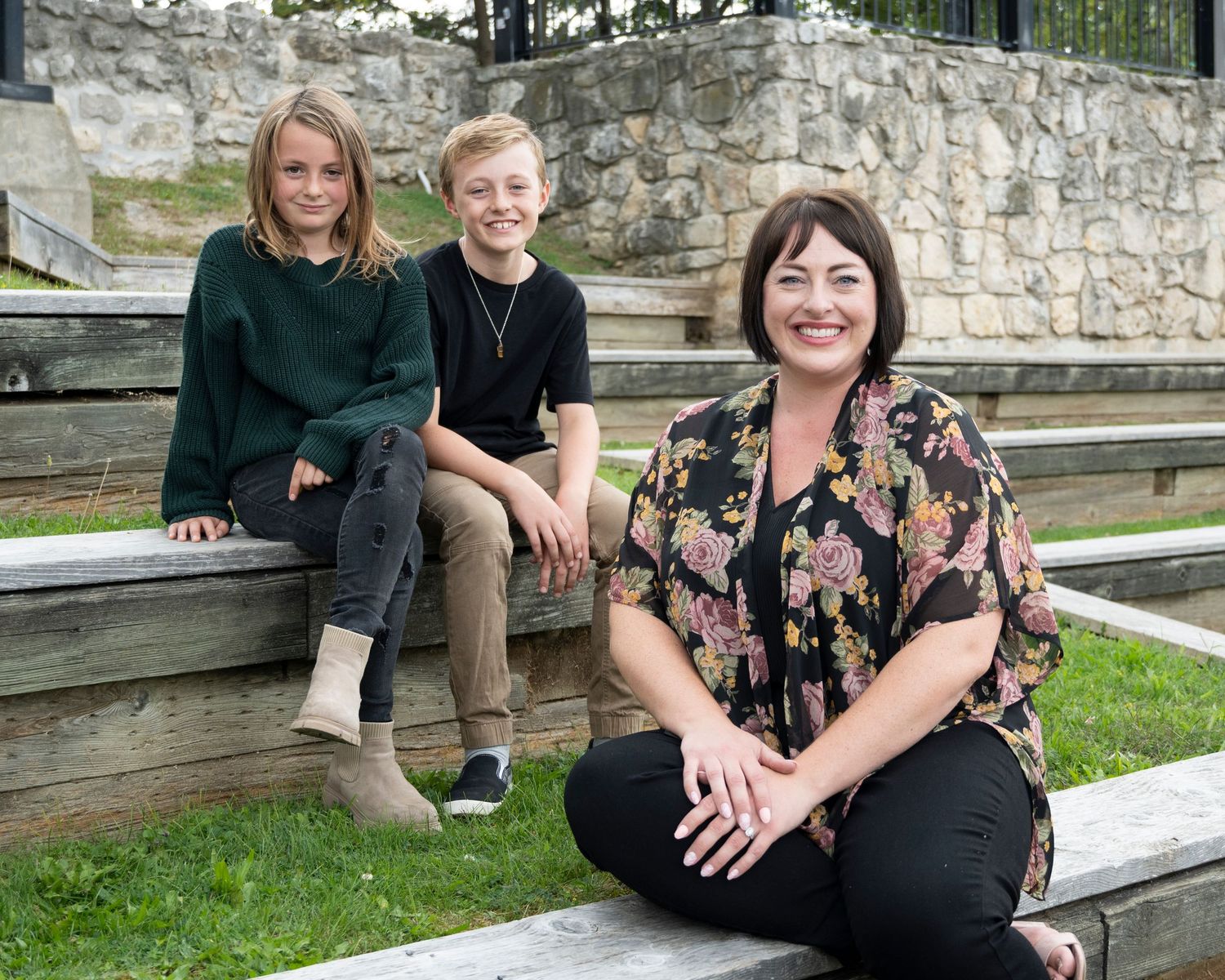 Group portraits showing family members sitting together outdoors.
