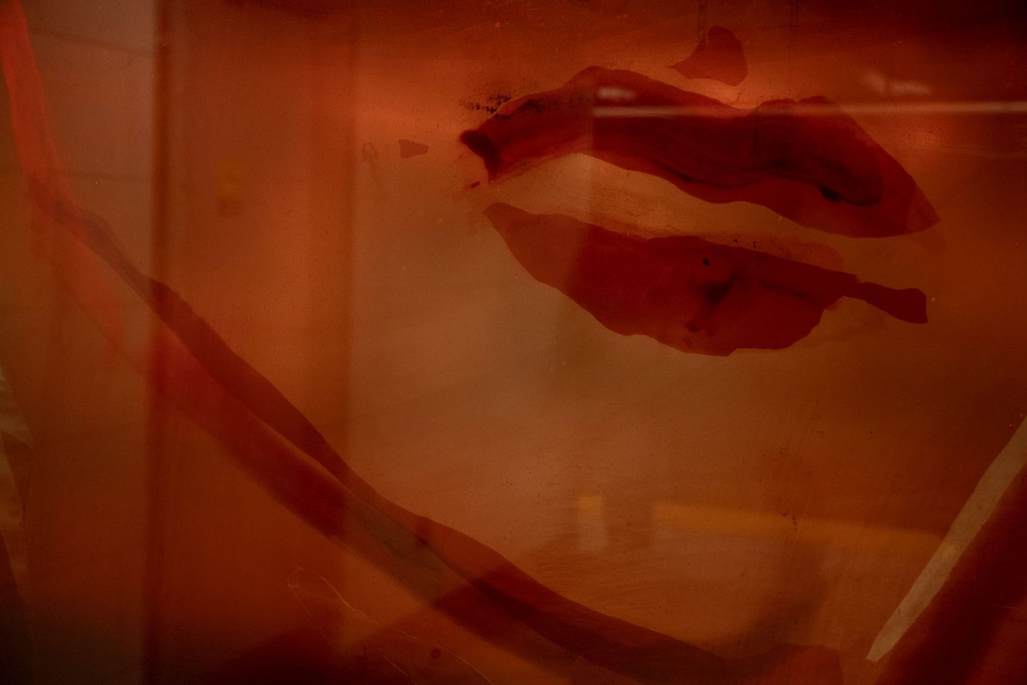Red transparent face, just the jaw line and lips visible.