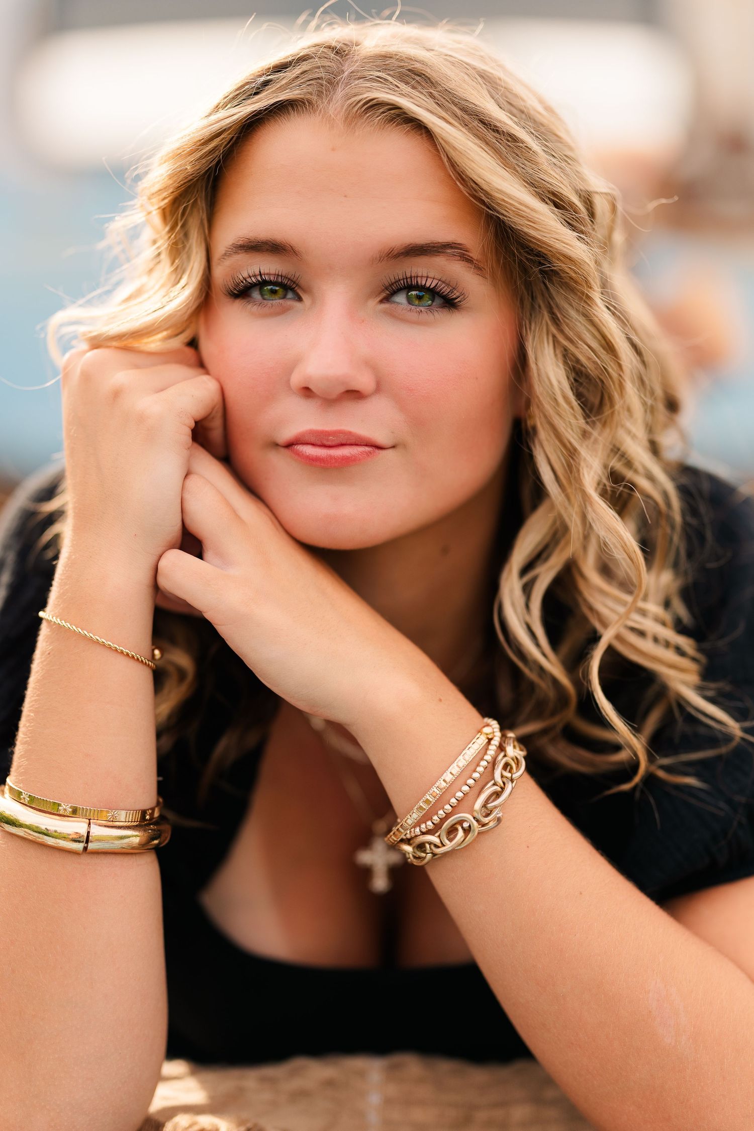Greensboro, NC Senior Photographer, Reidsville, NC.  Ryan Harden. Stunning senior portrait with girl lying in truck bed with beautiful eyes.