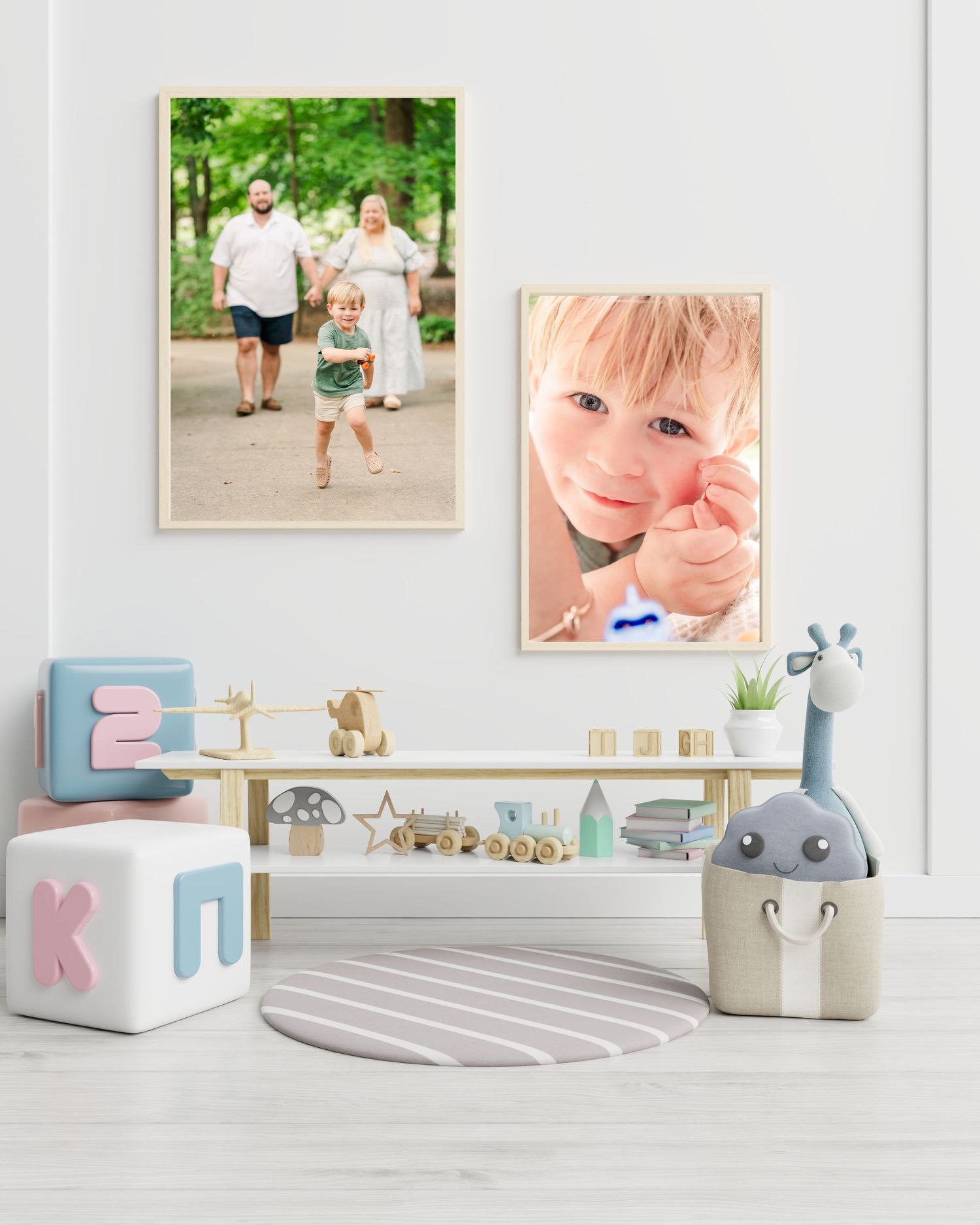 Greensboro, NC Family Photographer.  Ryan Harden.  Reidsville, NC.  Framed pictures hung in a nursery of child with mom and dad.