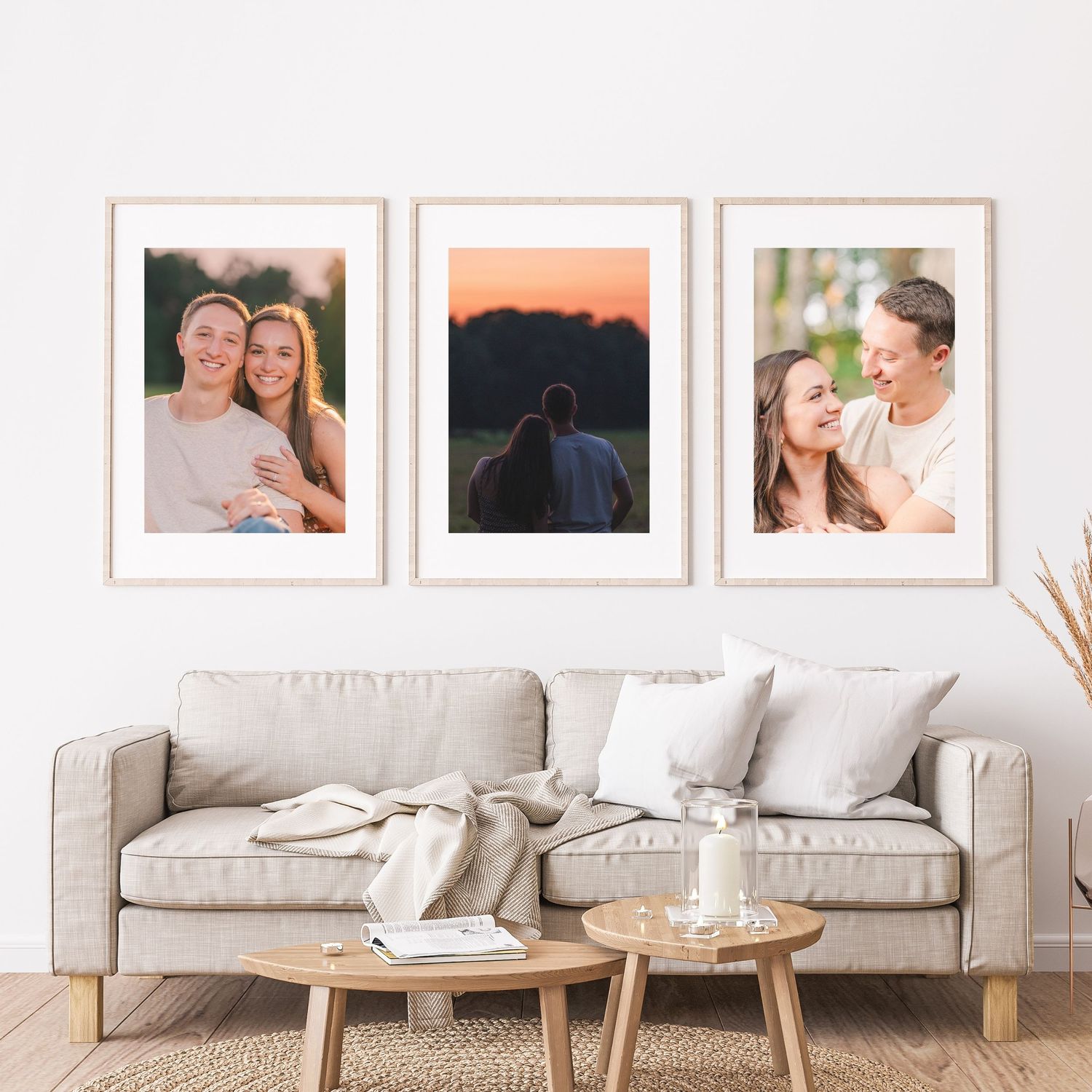 Greensboro, NC Family Photographer, Ryan Harden, Reidsville NC.  Three wall art pieces in a modern living room with neutral tones.
