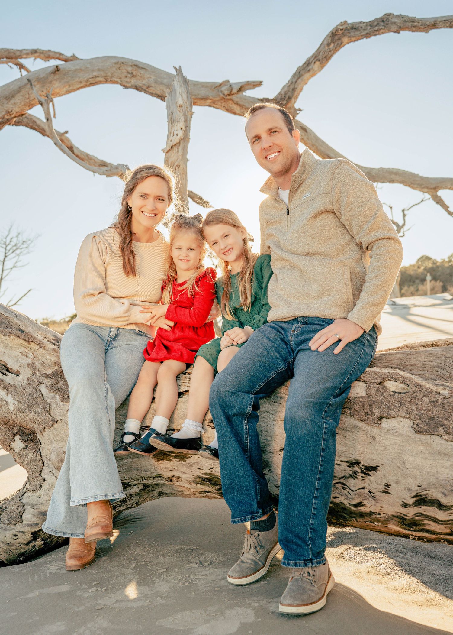 A family sits together on a fallen tree branch at the beach during golden hour, creating a warm and intimate moment.