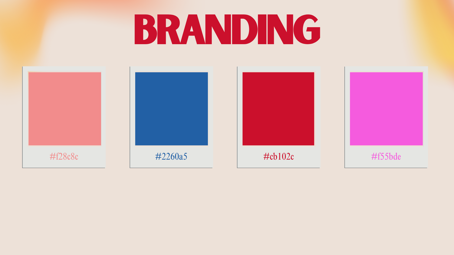 Brand identity design showing four color swatches in pink, blue, red and magenta tones.