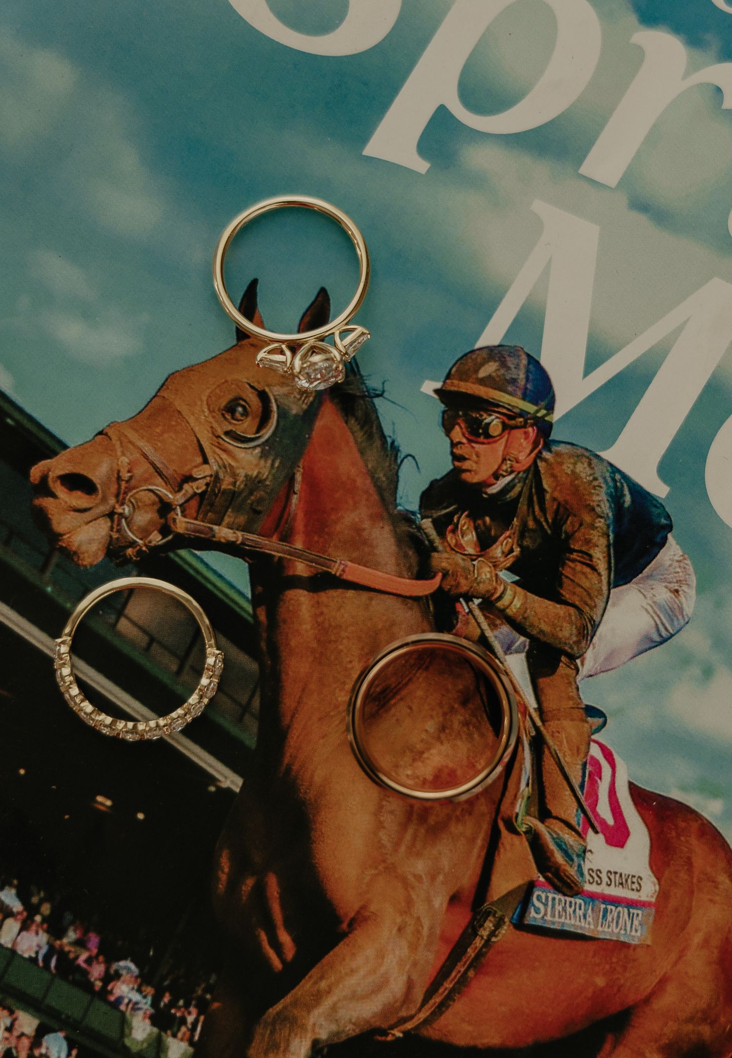 A sequence of horse racing action shots showing jockeys riding thoroughbreds against a dramatic cloudy sky background.