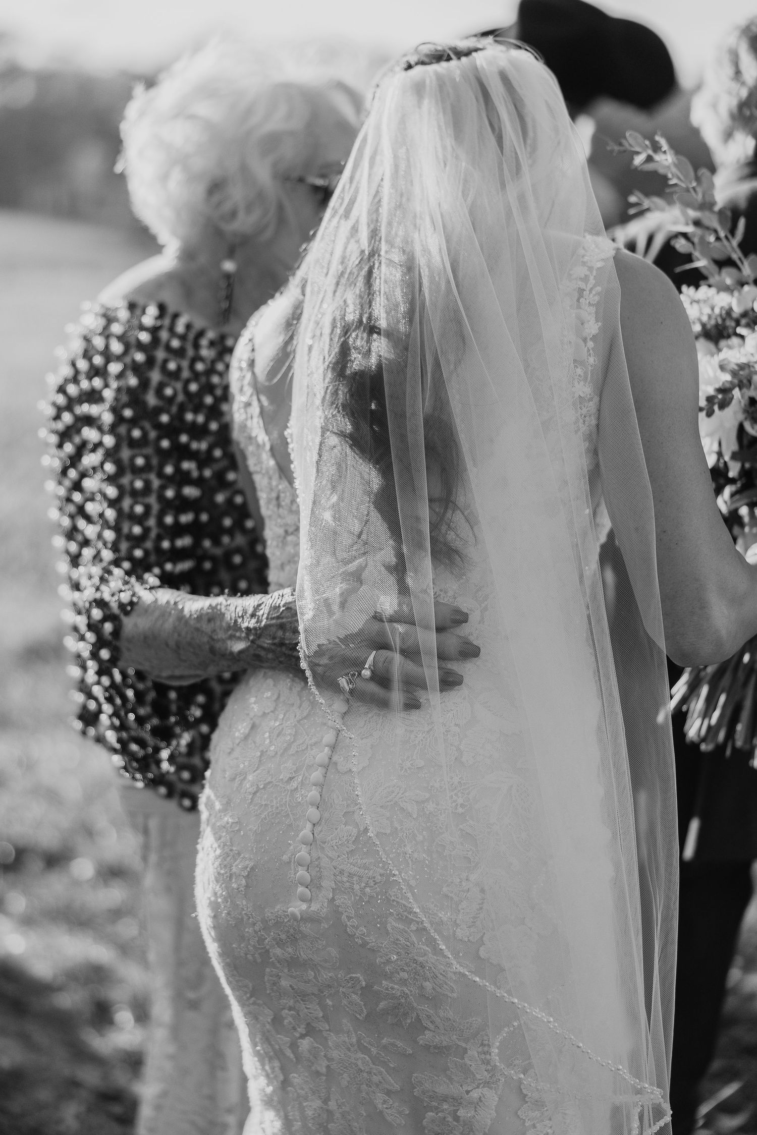 Back view of a detailed lace wedding dress with flowing veil.