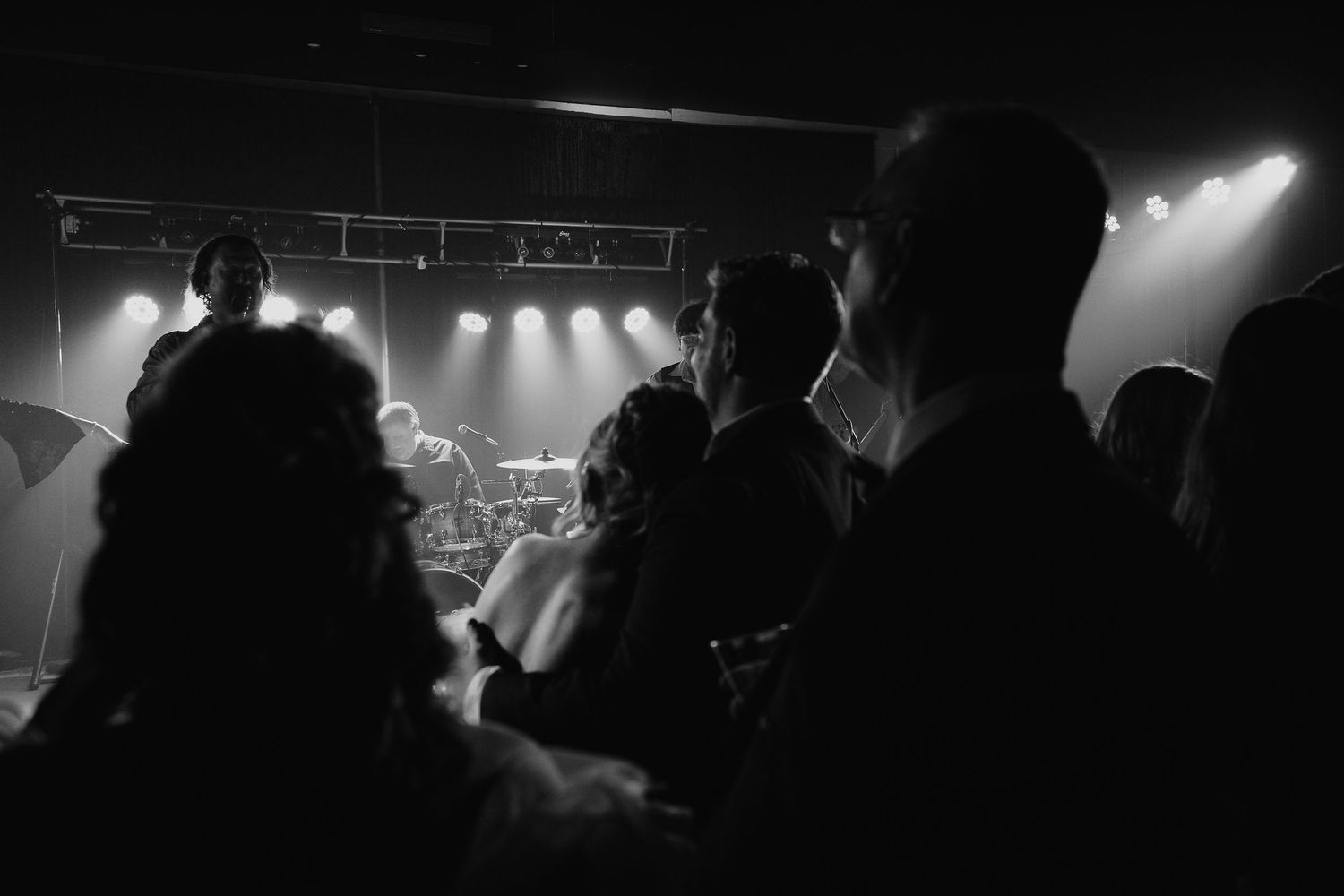 Silhouettes of concert crowd enjoying live music performance with dramatic stage lighting and smoke effects in background.