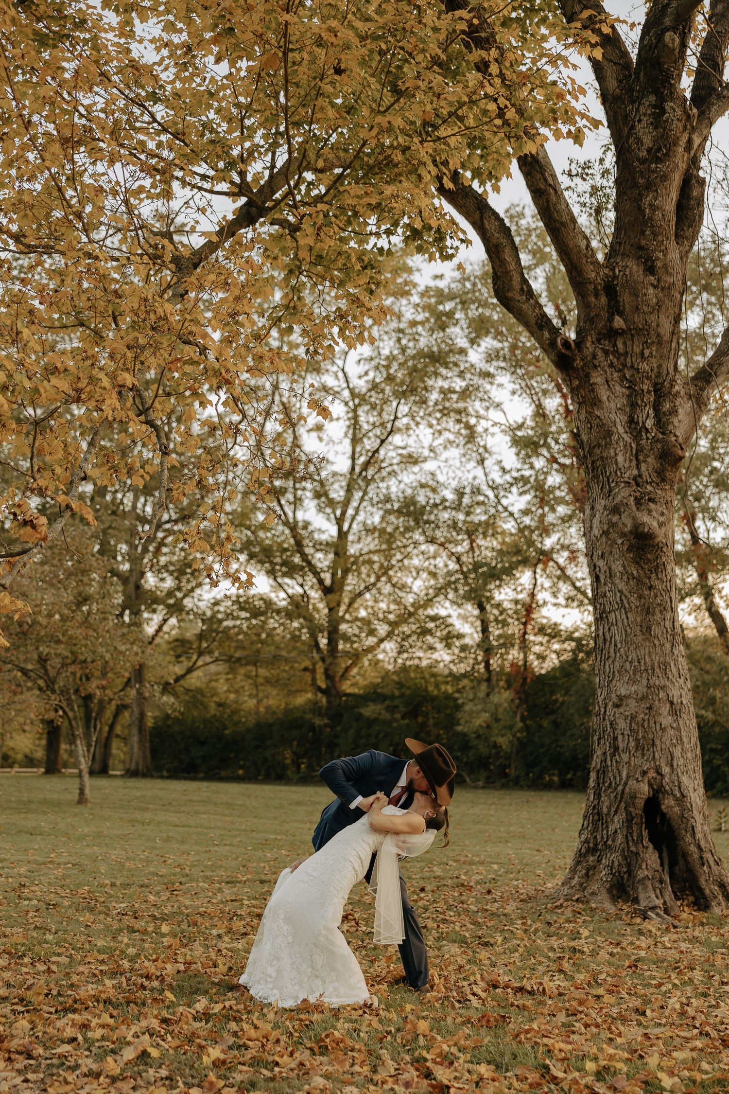 Couple in autumn park sharing romantic moments under golden trees with fallen leaves on the ground.